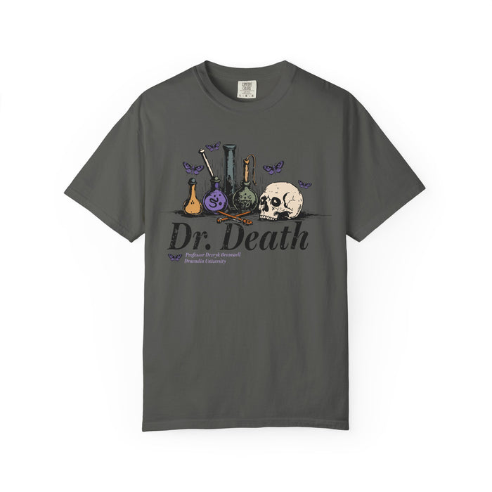 Nocticadia-inspired dr death graphic on a vintage wash Comfort Colors unisex tee by thtgrlreads, featuring potion bottles, a skull, and purple butterflies in the gid://shopify/Collection/449367539962 and 463938650362 collections.