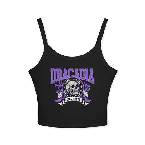 thtgrlreads Nocticadia collection black Comfort Colors tank top featuring a vintage-style purple and white Dracadia University graphic with skull and floral design, cozy bookish merch from tees collection.