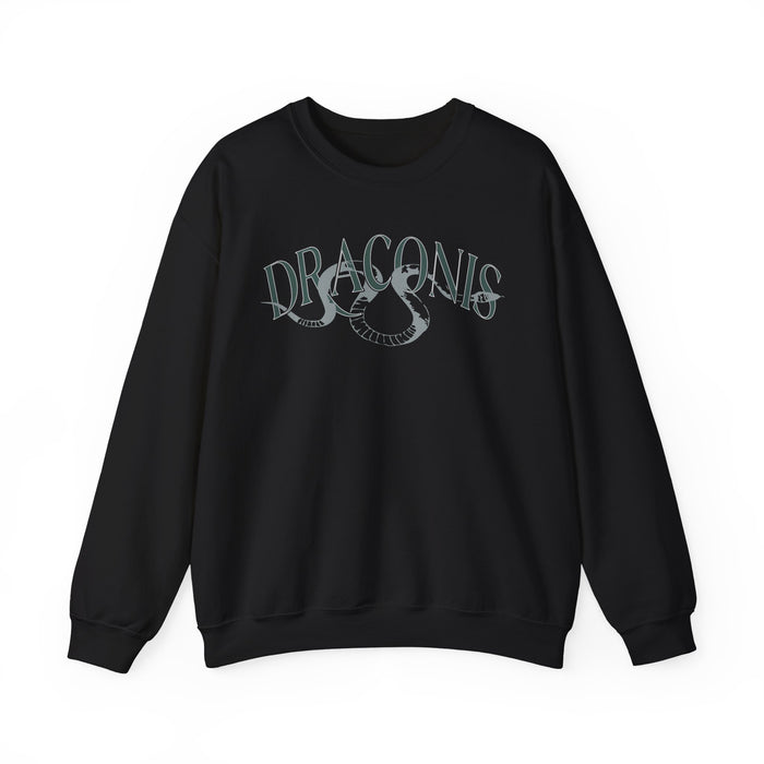 Thtgrlreads oversized crewneck sweatshirt from the Ruthless Boys of the Zodiac collection featuring vintage wash black Comfort Colors fabric and a gothic script Draconis graphic.