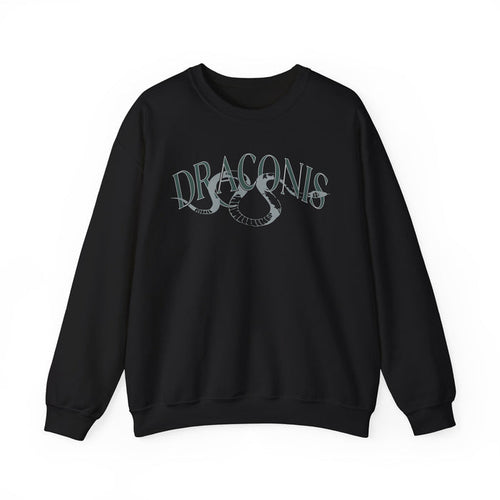 Thtgrlreads oversized crewneck sweatshirt from the Ruthless Boys of the Zodiac collection featuring vintage wash black Comfort Colors fabric and a gothic script Draconis graphic.