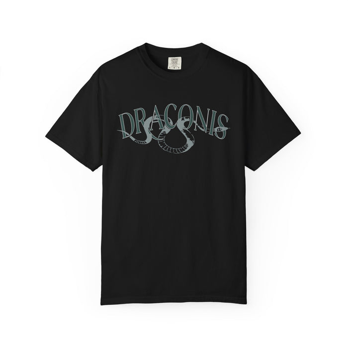 A black Comfort Colors graphic tee from thtgrlreads featuring a vintage washed design with "Draconis" text and a stylized serpent graphic, part of Ruthless Boys of the Zodiac collection.