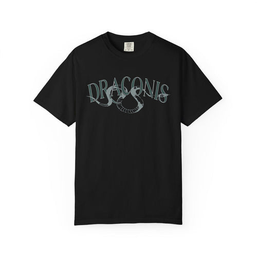 A black Comfort Colors graphic tee from thtgrlreads featuring a vintage washed design with "Draconis" text and a stylized serpent graphic, part of Ruthless Boys of the Zodiac collection.