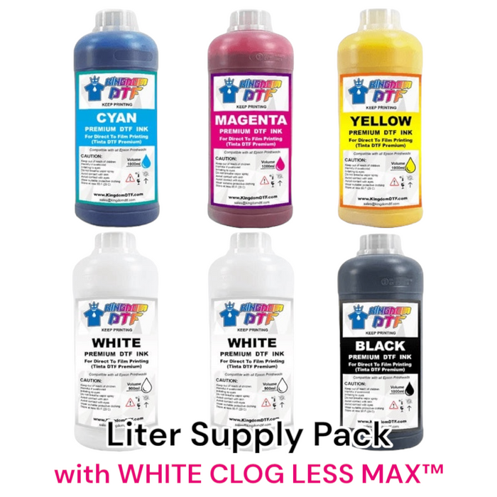 DTF Ink CLOG LESS MAX™ LITER Bundle Pack - CMYK + 2 White CLOG LESS MAX™