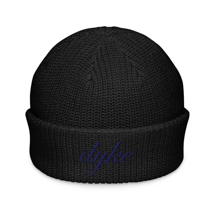 Black beanie with 'dyke' embroidered on a white background