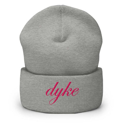 Gray beanie with 'dyke' embroidered in pink on a white background