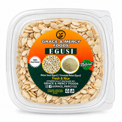 Grace and Mercy Egusi Food in branded packaging, traditional African cooking ingredient made from melon seeds, ideal for preparing rich egusi soup, stews, and authentic West African dishes.