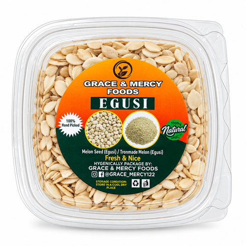 Grace and Mercy Egusi Food in branded packaging, traditional African cooking ingredient made from melon seeds, ideal for preparing rich egusi soup, stews, and authentic West African dishes.
