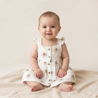 Elephant Ruffle & Button Baby Dress+Bloomer (Organic Muslin)