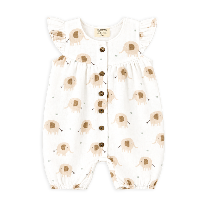front  of elephant ruffle button baby short romper made of organic cotton muslin