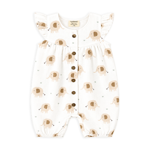 front  of elephant ruffle button baby short romper made of organic cotton muslin