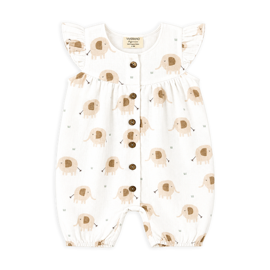 front  of elephant ruffle button baby short romper made of organic cotton muslin
