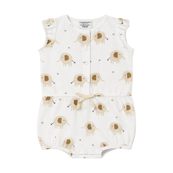 front of elephant Ruffle Playsuit Short Baby Romper made fromOrganic Jersey
