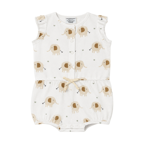front of elephant Ruffle Playsuit Short Baby Romper made fromOrganic Jersey