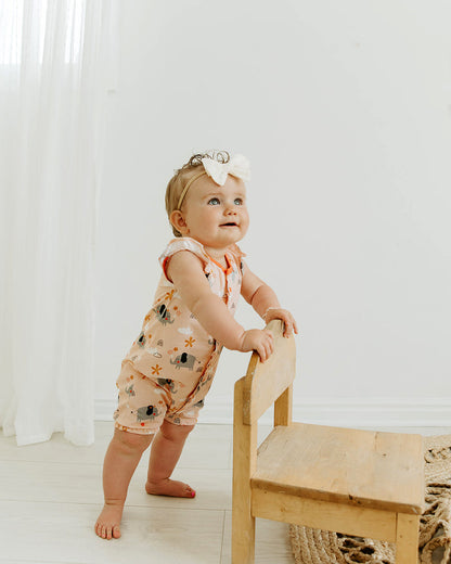 Organic Elephant Ruffled Baby Girl Short Romper - Viverano