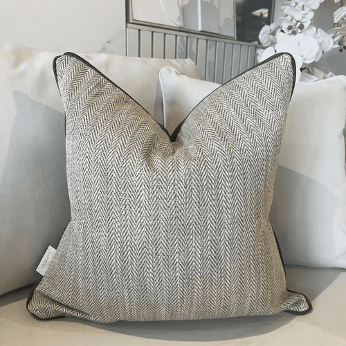 Elsie Brown Herringbone Reversible Feather Filled Cushion with Satin Piping - 50x50cm Textiles