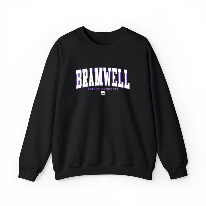 Nocticadia crewneck sweatshirt from thtgrlreads featuring an embroidered Bramwell design and "Head of Pathology" text on a vintage-washed black Comfort Colors base.
