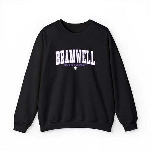 Nocticadia crewneck sweatshirt from thtgrlreads featuring an embroidered Bramwell design and "Head of Pathology" text on a vintage-washed black Comfort Colors base.