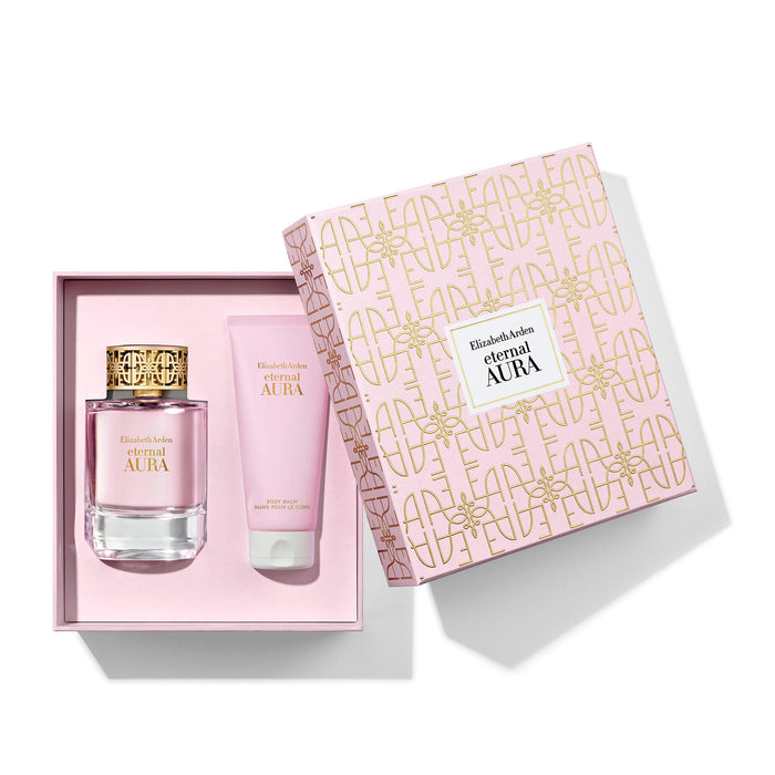 Eternal Aura 2-Piece Gift Set with the lid of the box laying on top of the gift set revealing the spray and body balm incased inside the box.