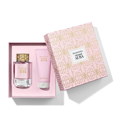 Eternal Aura 2-Piece Gift Set with the lid of the box laying on top of the gift set revealing the spray and body balm incased inside the box.