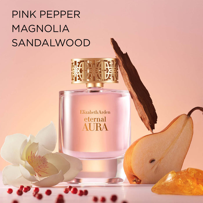 Eternal Aura Eau de Parfum key ingredients are pink pepper, magnolia and sandalwood.
