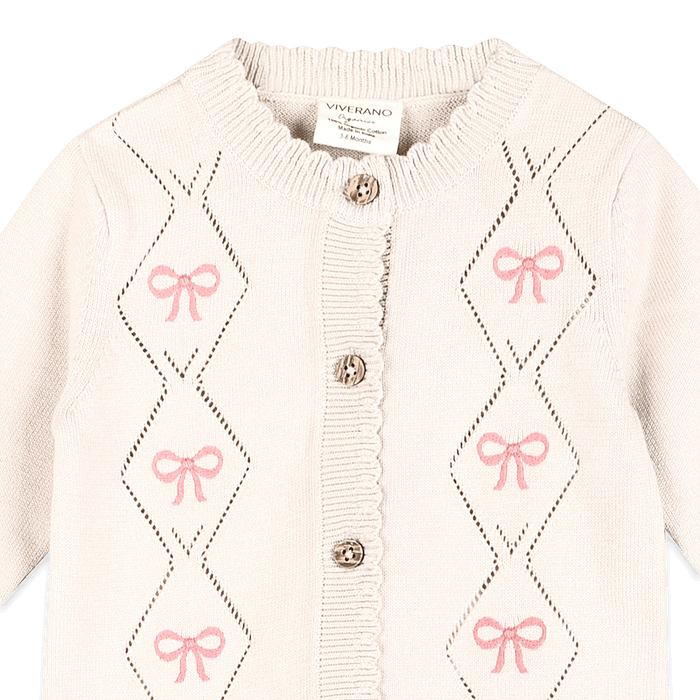 Organic Cotton Evie Bow Pointelle Knit Baby Jumpsuit, Detail