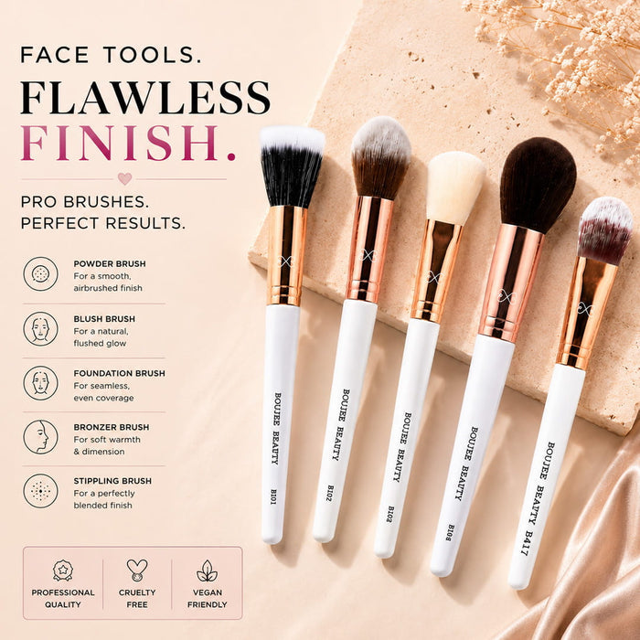 Set of Boujee Beauty makeup brushes on a beige background