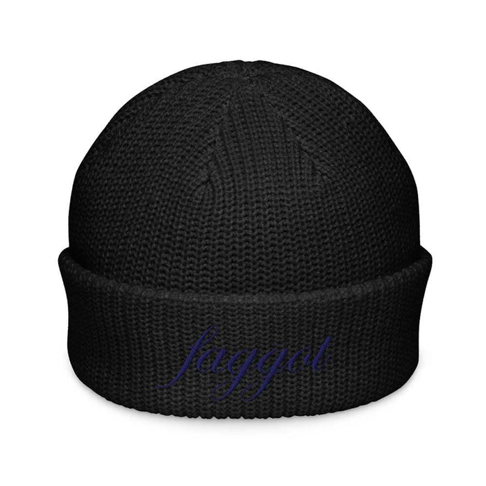 Black beanie with 'faggot' text on a white background