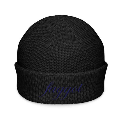 Black beanie with 'faggot' text on a white background