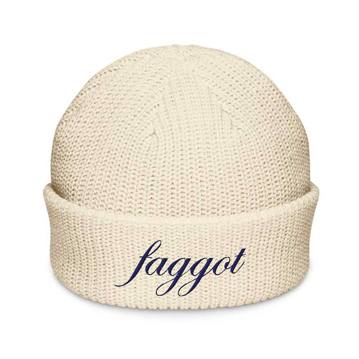 ivory beanie with 'faggot' embroidered in blue on a white background