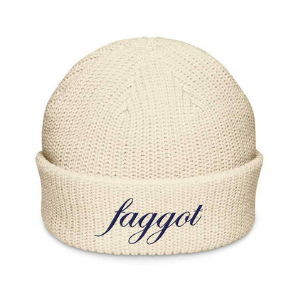 ivory beanie with 'faggot' embroidered in blue on a white background