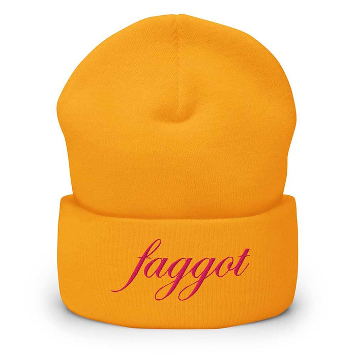 golden yellow beanie with faggot pink text on a white background