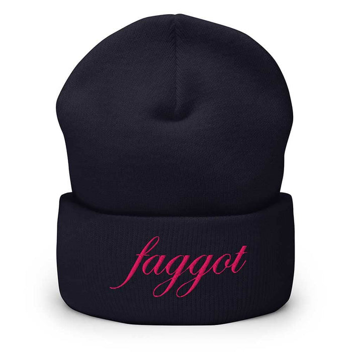 navy beanie with pink faggot text on a white background