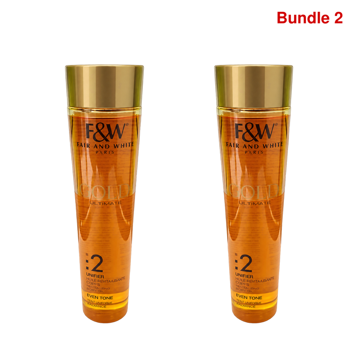 Fair & White Gold 2 Unifier Even Tone Revitalizing Body Oil, nourishing skincare oil designed to moisturize and soften skin while helping promote a smoother, more even-looking, and radiant complexion.