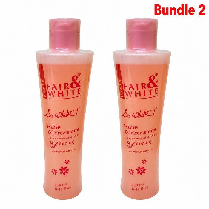 Fair & White So White Brightening Oil 250ml with Sweet Almond Oil, nourishing body oil designed to moisturize and soften skin while promoting a smooth, even-looking, and radiant complexion.