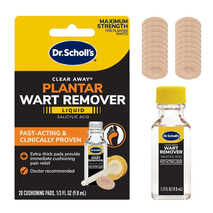 Dr. Scholl’s Clear Away Plantar Wart Remover liquid bottle with yellow cap