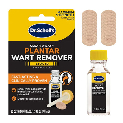 Dr. Scholl’s Clear Away Plantar Wart Remover liquid bottle with yellow cap