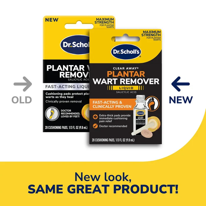 Dr. Scholl’s Clear Away Plantar Wart Remover liquid box packaging, shown side by side
