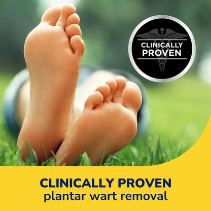 Bare feet on grass with Clinically Proven plantar wart removal badge