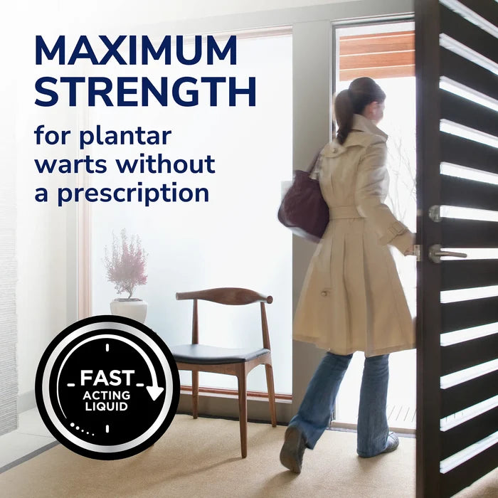 Maximum strength plantar wart remover liquid shown with walking person