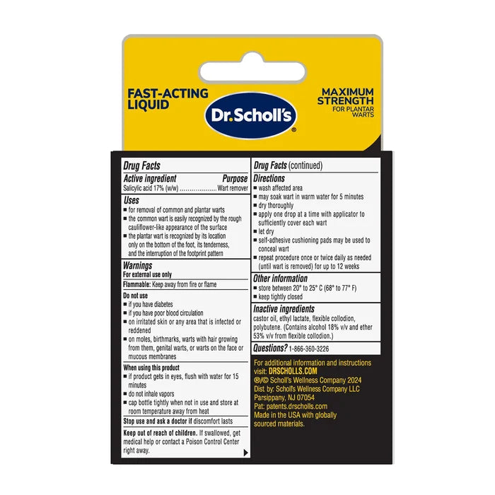 Dr. Scholl’s plantar wart remover drug facts label on product package