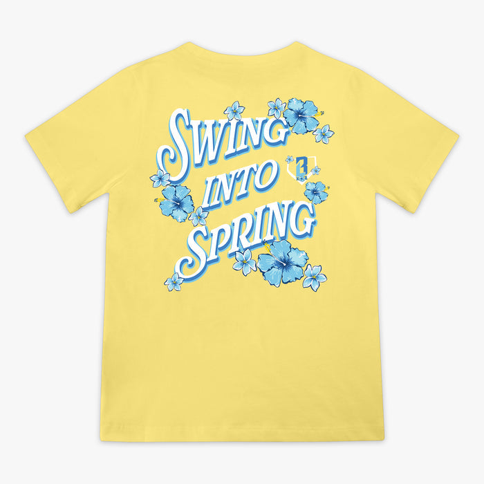 Yellow t-shirt with 'Swing into Spring' text and blue floral designs on a white background