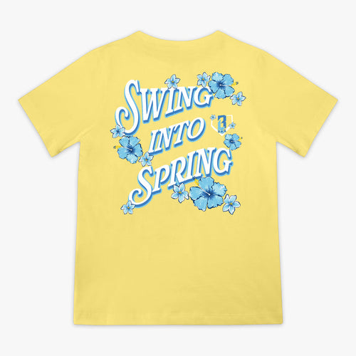 Yellow t-shirt with 'Swing into Spring' text and blue floral designs on a white background