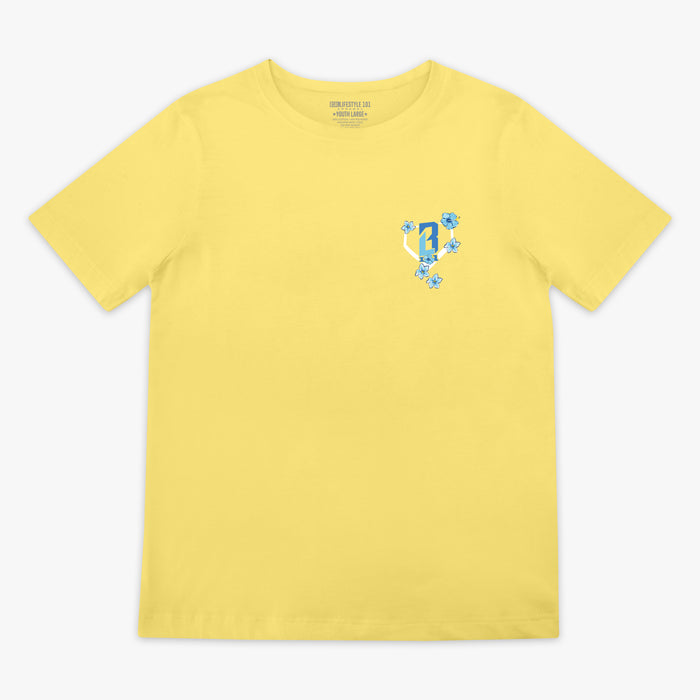 Yellow t-shirt with a blue floral design and BL101 logo on a white background