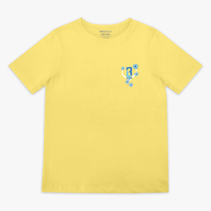 Yellow t-shirt with a blue floral design and BL101 logo on a white background