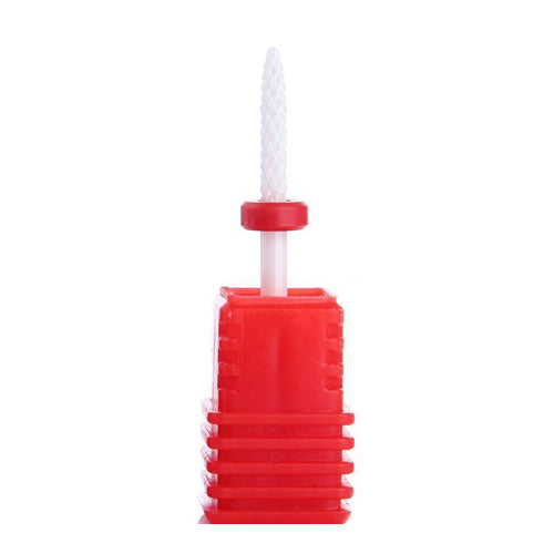 A red ceramic drill bit for nails with a white tip.