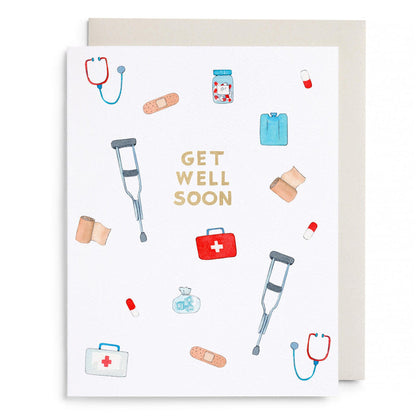 First aid kit greeting card with medical icons and 'GET WELL SOON' text