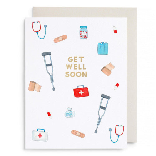 First aid kit greeting card with medical icons and 'GET WELL SOON' text