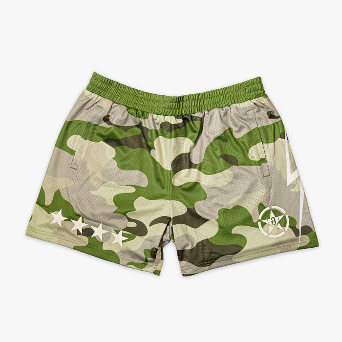 Camouflage green athletic shorts with a white BL101 star logo, a green waistband, four additional white stars, and side pockets.