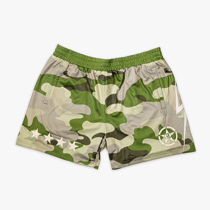 Camouflage green athletic shorts with a white BL101 star logo, a green waistband, four additional white stars, and side pockets.