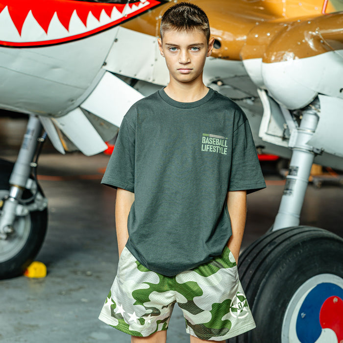 Camouflage green athletic shorts with a white BL101 star logo, a green waistband, four additional white stars, and side pockets.